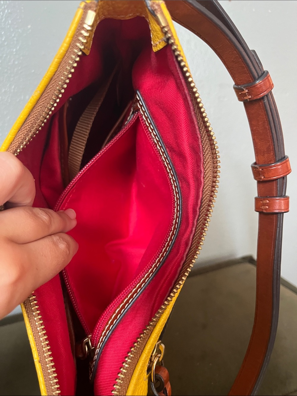 Dooney & Bourke Yellow Pebbled Leather Shoulder Bag with Brown Trim - Picture 13 of 15
